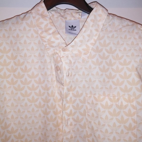 adidas Other - Adidas Button Up Shirt Mens XL Cream Beige Trefoil Allover Print Logo Short Slee